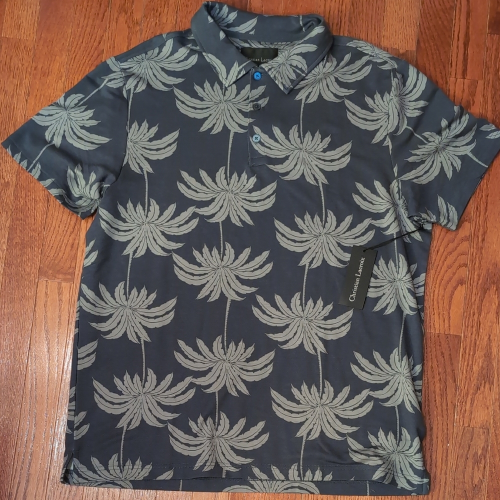 Christian LaCroix Polo Shirt Size XL Navy Gray Leaf Pattern New